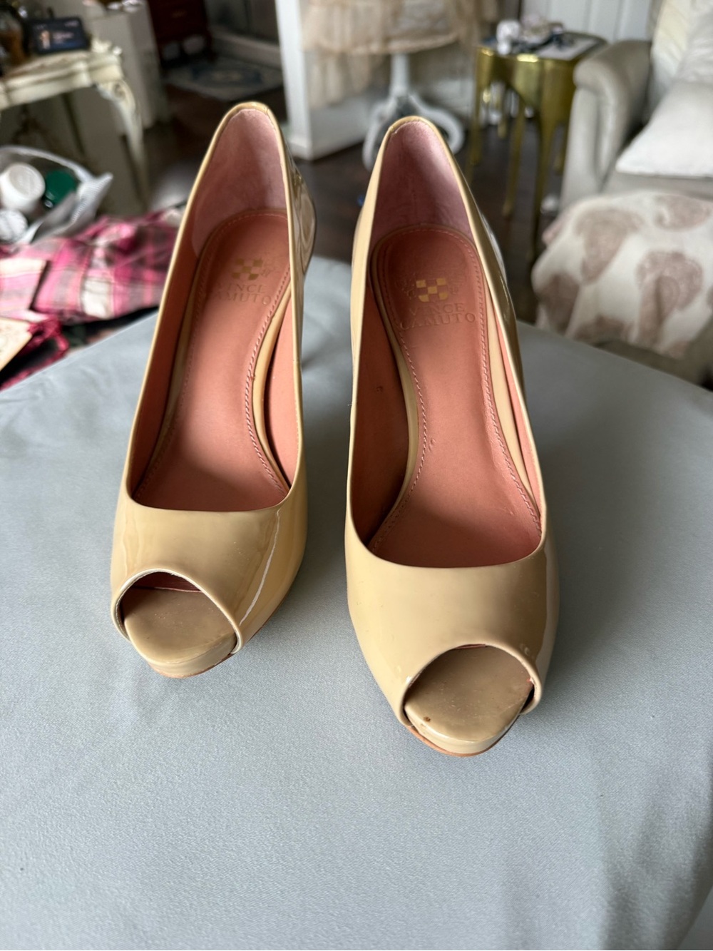 Vince Camuto Nude Patent Peep-Toe Pumps